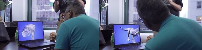 에이수스 노트북 ‘프로아트 스튜디오북 16 3D’ 로 3D 사진을 보고 있는 장면. 사용자의 시선을 추적해  다른 이미지를 보여준다. [사진 출처 = 엔가젯 유튜브 캡처]