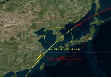 미국 지구관측위성 ERBS(Earth Radiation Budget Satellite)의 추락 예상 범위 내 한반도 통과 예측 궤적. 사진제공=과기정통부