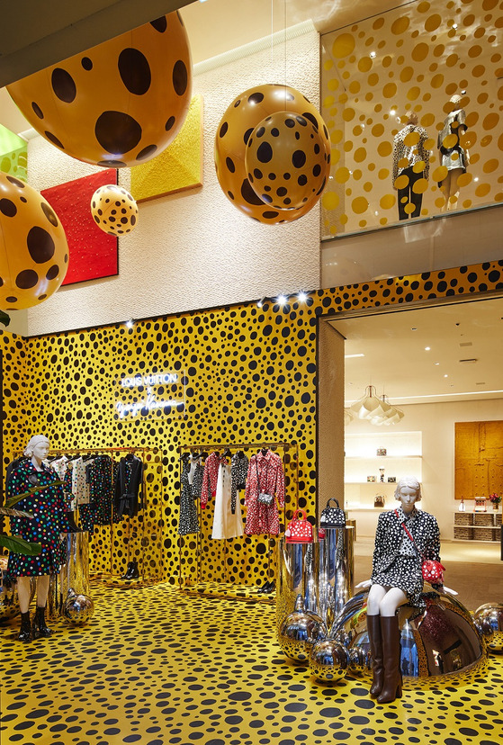 The interior view of Louis Vuitton Maison Seoul in Gangnam District, southern Seoul, which is currently presenting its latest collection made in collaboration with Japanese artist Yayoi Kusama. [LOUIS VUITTON]