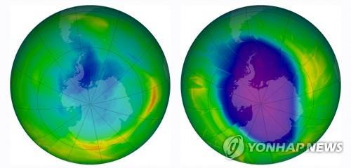 남극 상공 오존구멍 (AFP=연합뉴스) 1979년 이미지(좌)와 2009년 이미지(우). [NASA제공 자료사진. 재판매 및 DB 금지]