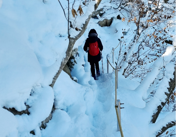 성탄절인 지난달 25일 충남 내포지역 주산인 서산시 가야산(해발 678ｍ)을 찾은 등산객이 눈 덮인 등산로를 오르고 있다. 사진은 기사와 관련없음. [사진제공=연합뉴스]