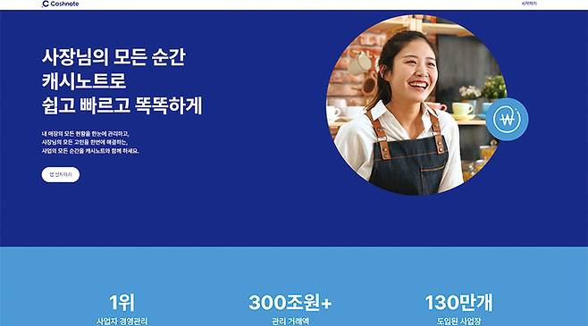한국신용데이터는 동네 식당 사장이 자기 가게의 매출 규모, 입금 현황 등을 바로바로 파악하지 못하는 점에 문제의식을 느끼고 이를 한눈에 보며 관리할 수 있는 ‘캐시노트’ 서비스를 선보였다. 캐시노트는 이제 소상공인 130만명이 이용하는 앱으로 성장했다. (캐시노트 홈페이지 캡처)
