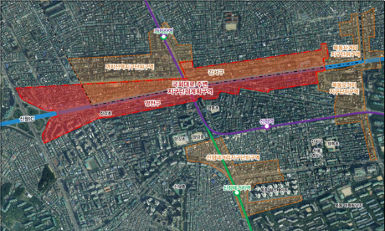 현재 진행 중인 서울시 국회대로 지하화와 상부 공원화 종료 후 용도지역 균형을 맞추기 위해 양천구 신월2동, 신정4동 일대 저층 제2종일반주거지역을 1000㎡이상 공동개발 시 제3종일반주거지역으로 상향 조정한다. 사진은 국회대로 주변 지구단위계획구역 위치도./사진제공=서울시