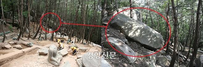 경주 남산의 열암곡 절터 주변에서 확인된 마애불. 40도가량 경사진 곳에서 마애불을 새긴 바위가 엎어져 있다.|국립경주문화재연구소 제공