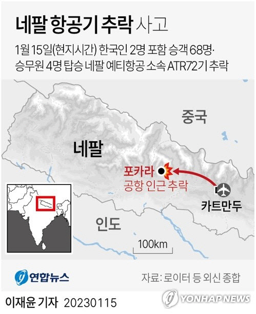 네팔 항공기 추락 사고 지점. [연합뉴스]