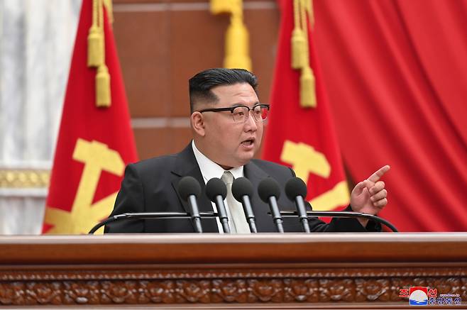 This photo shows North Korean leader Kim Jong-un speaking at a plenary meeting of the ruling Workers' Party of Korea held in late December last year (For Use Only in the Republic of Korea. No Redistribution) (North Korea's official Korean Central News Agency)