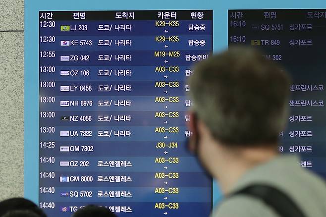 인천국제공항 제1여객터미널 전관판에 일본 도쿄로 떠나는 항공기 탑승정보가 안내되고 있다./뉴스1