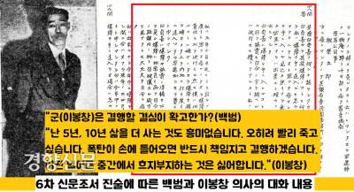 백범이 이봉창 의사의 의중을 탐색하자 이 의사는  “더 살고 싶은 생각이 없다. 중간에 흐지부지하는 것이 싫으니 폭탄이 있으면 당장이라도 하겠다”고 다짐했다.|단국대 동양학연구소의 ‘<이봉창 의사 재판관련 자료집>, 단국대출판부, 2004’에서