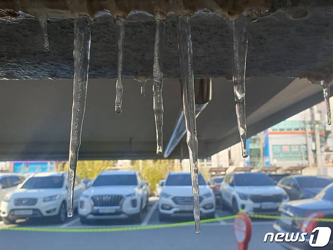 경북 포항시의 아침 기온이 영하로 떨어진 16일 경북 포항시청 주차장 계단에 고드름이 매달려 있다.2023.1.16/뉴스1 ⓒ News1 최창호 기자