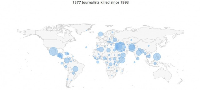 유네스코가 살해된 언론인의 비율을 지역별로 표시한 지도. 1993년부터 지금까지 총 1577명의 언론계 종사자들이 살해를 당했다. 유네스코 홈페이지 캡처