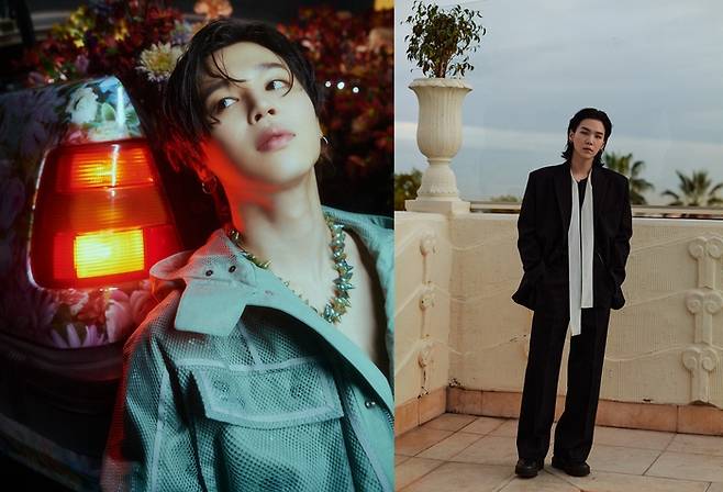 방탄소년단 지민(왼쪽)과 슈가의 모습. 디올, 발렌티노 제공