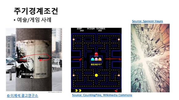 주기경계조건 모티브는 작품, 게임 등에 응용된다. 총구가 원을 돌아 자신을 겨냥하는 작품(왼쪽), 오른쪽으로 나간 게임 캐릭터가 왼쪽에서 튀어나오는 사례(중앙), 무한히 이어지는 가상공간(오른쪽) 등이 여기에 해당한다. [사진=GIST]