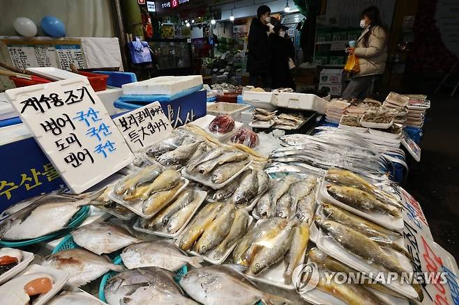 "설 제수 구매비용 평균 29만8천원…2주전보다 1.4% 올라" (서울=연합뉴스) 윤동진 기자 = 지난 12일 서울 망원시장에서 시민들이 장을 보고 있다.