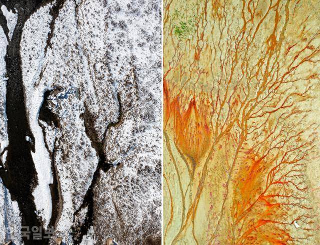 우리나라가 전역에 걸쳐 기상가뭄으로 몸살을 앓고 있다. 지난해 12월 20일 전북의 주요 저수지인 임실군 옥정호 수위가 낮아지며 눈으로 덮혀 있다(왼쪽). 지난해 6월 8일 강원 인제군 남면 소양강 상류지역 하천 바닥에 산화현상으로 인한 붉은색 물길 자국이 드러나 있다. 임실=이한호 기자·인제=서재훈 기자