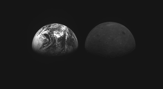 다누리에 실린 고해상도 카메라(LUTI, LUnar Terrain Imager)로 촬영한 지구와 달의 모습. /항우연 제공