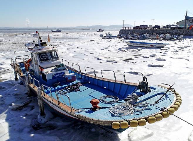 얼음 바다에 갇힌 어선 전국에 한파 특보가 내려진 25일 어선들이 정박하고 있는 인천 강화도 분오항 일대가 꽁꽁 얼어 있다. 연합뉴스