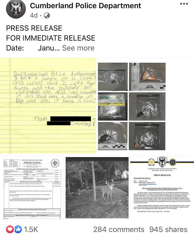 [서울=뉴시스] 미국 로드아일랜드 경찰은 산타가 자신을 방문했다는 증거를 제출한 소녀의 요청에 따라 정말 산타와 아홉 마리의 순록이 존재하는지 조사하고 있다고 23일(현지시간) 피플이 보도했다. <출처 : Cumberland Police Department 페이스북 캡처> 2023.01.25. *재판매 및 DB 금지