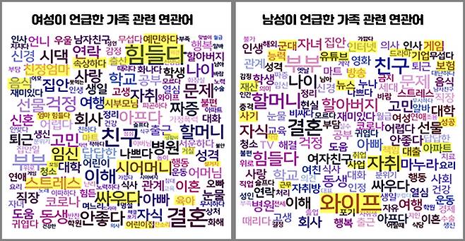 성별에 따른 '가족' 관련 연관어의 차이. 한국건강가정진흥원 제공
