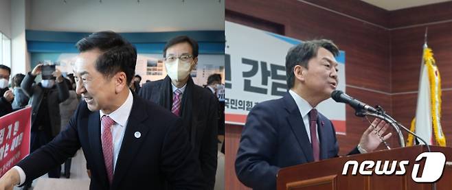 27일 오후 부산 동구 부산항국제전시컨벤션센터 북항 홍보관에서 당원과 인사를 나누고 있는 김기현 국민의힘 의원(왼쪽)과 충남 천안 국민의힘 충남도당에서 열린 당원 간담회에서 발언을 하고 있는 안철수 국민의힘 의원(오른쪽)