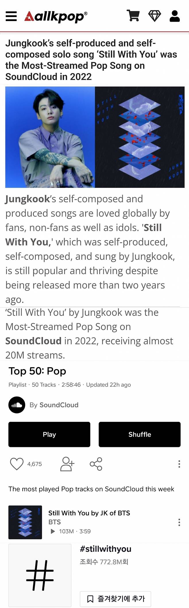 방탄소년단 정국 'Still With You' 사운드클라우드 2022 최다 스트리밍 팝송 1위