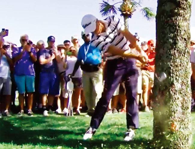 2019년 혼다클래식에서 트러블 샷 이후 나무 치기를 하는 저스틴 토머스. [PGA투어 트위터 캡쳐]