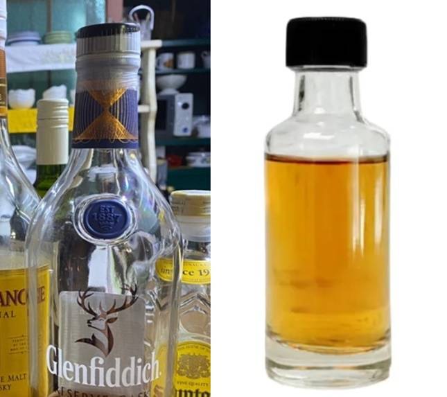 (좌) 파라필름으로 병목을 밀봉한 위스키, (우) 남은 위스키를 담는 바이알 병 / 사진=온라인커뮤티니