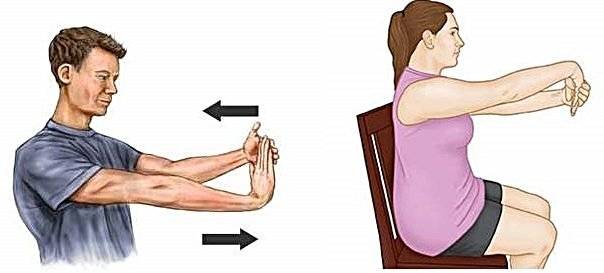 테니스 엘보 예방에 도움이 되는 손목 굴곡근  스트레칭(왼쪽)과 신전근 스트레칭. 사진 출처 드럭스닷컴