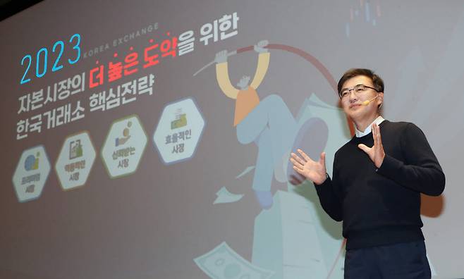 손병두 한국거래소 이사장이 2023 신년 기자간담회에서 자본시장의 더 높은 도약을 위한 한국거래소 핵심전략에 대해 발표하고 있다.