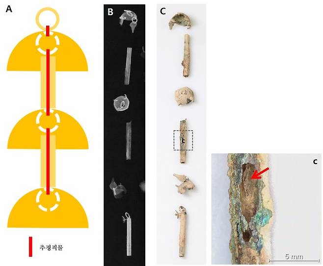 [서울=뉴시스] 창녕 교동과 송현동 고분군 63호분 출토 금동관 관 장식 (A: 모식도, B: 엑스선 이미지, C: 사진)  (사진=문화재청 제공) 2023.01.31. photo@newsis.com  *재판매 및 DB 금지