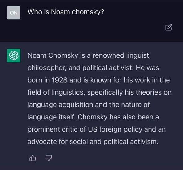 ▲챗GPT가 내놓은 촘스키에 대한 설명. ⓒ프레시안(전홍기혜)