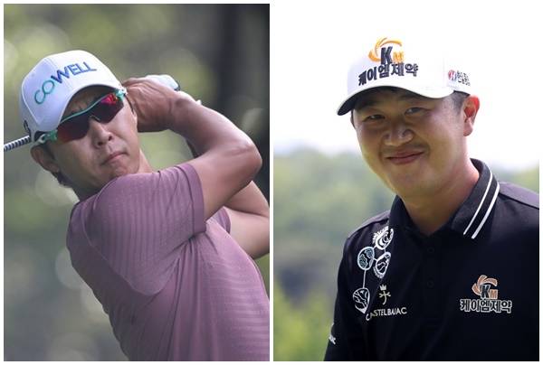 KPGA 코리안투어 통산 200개 대회 출전 기록까지 1개만을 남겨둔 최진호(왼쪽)와 박성국[사진제공=KPGA]
