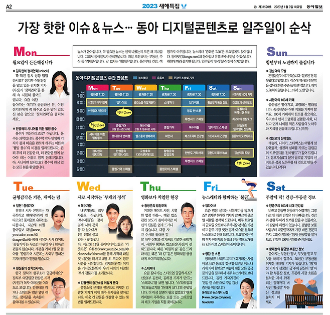 디지털 콘텐츠 주간 편성표를 실은 동아일보 지난 1월3일자 2면 캡처.