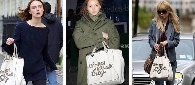 안야힌드마치의 ‘I’m Not A Plastic Bag’은 할리우드 스타들이 들고다니는 장면이 파파라치컷으로 보도되며 전 세계적 각광을 받았다. [안야힌드마치 홈페이지]