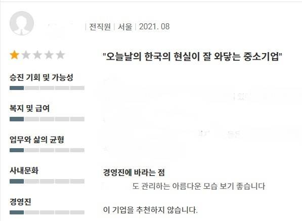 한 구직 사이트에 올라온 모 기업에 대한 리뷰. [기업 정보 플랫폼 화면 갈무리]