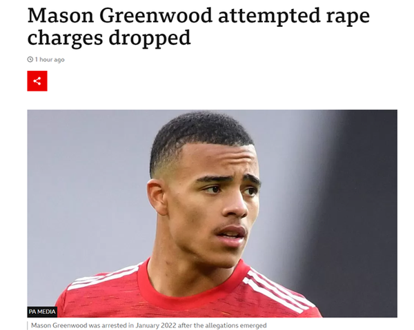 메이슨 그린우드 사건의 혐의 취하 소식을 전하는 영국 언론 BBC. 사진┃영국 언론 BBC