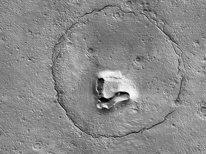 1월 25일 애리조나대가 화성 정찰위성에 탑재한 HIRISE 카메라로 촬영한 화성 표면 사진이 마치 곰의 얼굴 형상을 닮았다./NASA/AFP 연합뉴스
