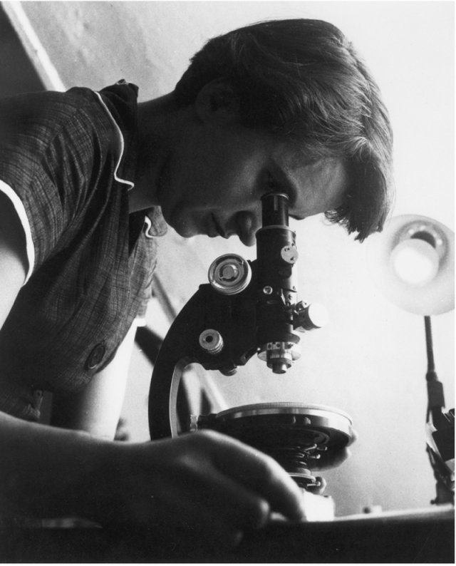 DNA 이중나선 구조의 결정적 근거를 가장 먼저 발견한 과학자 로잘린드 프랭클린이 현미경으로  X선 사진의 회절 무늬를 분석하고 있다. 왓슨과 크릭은 1962년 노벨 생리의학상을 받았지만 프랭클린은 앞서 1958년 난소암으로 요절했다. 늘봄 제공