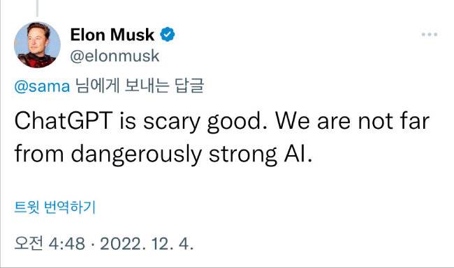 일론 머스크 테슬라 최고경영자(CEO)가 지난해 12월 4일  “챗GPT는 무섭도록 좋다. 위험할 정도로 강력한 AI가 머지않았다”라는 트윗을 남겼다. [트위터 캡처]