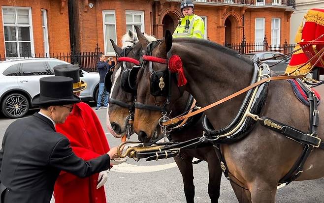 왕실 마차 (런던=연합뉴스) 최윤정 특파원 = 윤여철 주영한국대사가 2일(현지시간) 신임장 제정식을 마친 뒤 왕실 마차를 끈 말에 당근을 선물로 먹이고 있다. 2023.2.2. photo@yna.co.kr