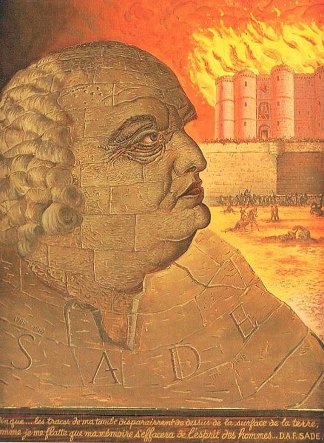 20세기 초현실주의 화가 만 레이가 상상해 그린 사드의 초상화. 노년이 된 사드가 자신이 갇혀 있던 바르세유 감옥이 불타는 장면을 바라보는 모습을 그렸다.  사드는 부인에게 보낸 편지에서 “하루에 8번 이상을 자위행위 한다”고 기록했다. 또 자신의 일기장에 총 6536번의 항문자위를 했다고 썼다.
