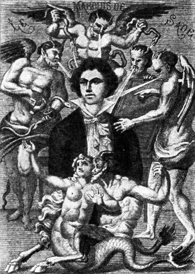 1912년 H.biberstein이 그린 사드 후작의 모습. 기욤 아폴리네르가 편집한 사드 작품집(1912년)에 수록됐다. 20세기 철학계가 사드를 주목했음을 증명하는 작품이다.