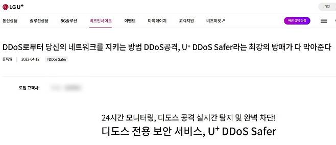 LG유플러스, 디도스 전용 보안 서비스 '디도스 세이프' 소개 페이지 /LGU+ 홈페이지 캡처