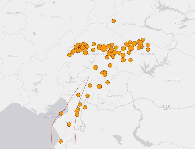 7일 튀르키예(터키)에서 발생한 규모 7.8의 대지진 이후 최소 100여개 이상의 크고 작은 여진이 발생했다. (USGS 갈무리)