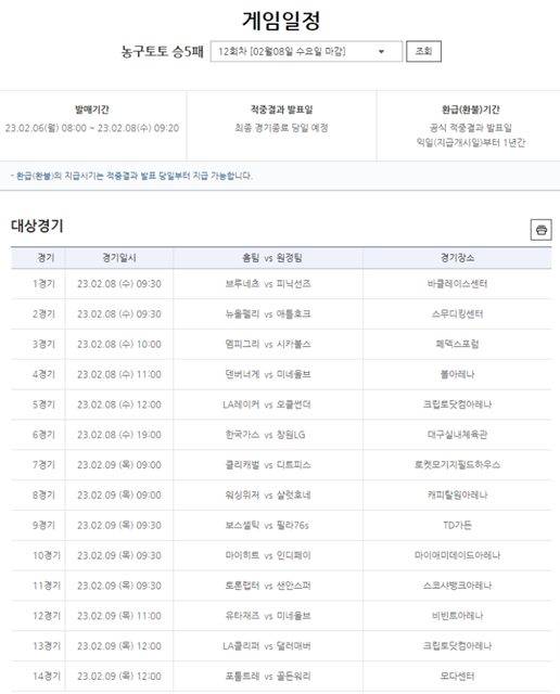 농구토토 승5패 12회차 대상 경기 일정