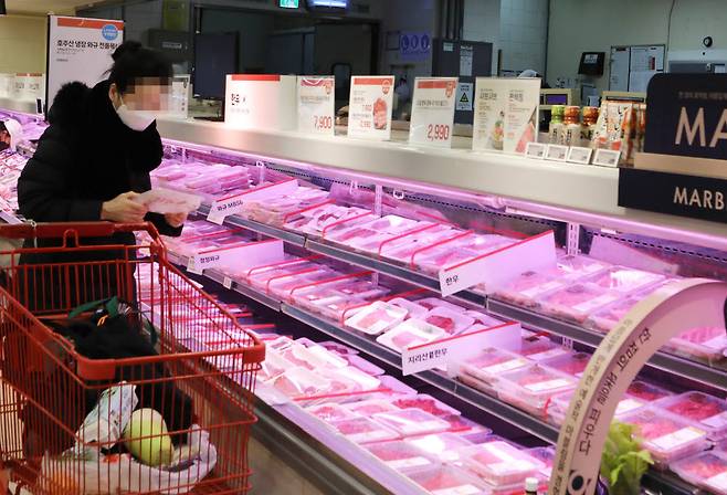 서울 중구에 위치한롯데마트 서울역점에서 한우 쇼핑을 하는 고객의 모습