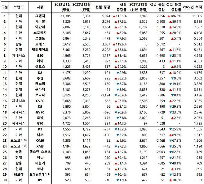 2023년 1월, 국산 차량 모델별 신차등록 대수. 출처=카이즈유데이터연구소