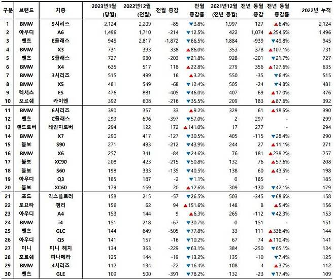 2023년 1월, 수입 차량 모델별 신차등록 대수. 출처=카이즈유데이터연구소