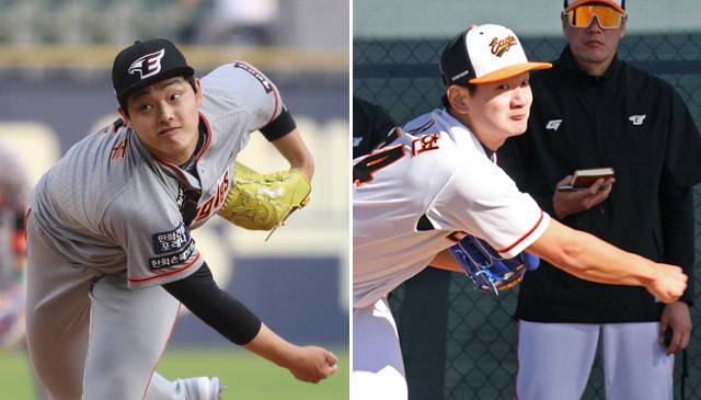 한화 이글스 신인 김서현이 6일(한국시간) 미국 애리조나주 메사에 마련된 스프링 캠프에서 첫 불펜 투구를 하고 있다. 왼쪽 사진은 지난해 프로야구 경기 선발로 나와 역투하는 문동주. 뉴시스, 한화 이글스 제공