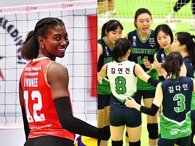 현대건설 새 외국인 선수 이보네 몬타뇨(왼쪽)와 현대건설 선수들. 사진=현대건설, 한국배구연맹 제공