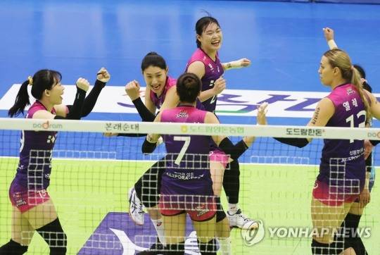 (수원=연합뉴스) 7일 경기도 수원실내체육관에서 열린 프로배구 V리그 여자부 현대건설 힐스테이트와 흥국생명 핑크스파이더스의 경기. 득점에 성공한 흥국생명 선수들이 기뻐하고 있다.